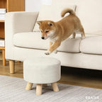 Asense Small Round Ottoman Foot Rest Stool Fabric Padded Seat Footstool Ottoman with Non-Skid Wooden Legs (Beige,Fabric)