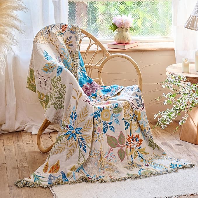 Boho Throw Blanket 50"x60" Floral Couch Blanket with Sunflowers,100% Cotton Soft Breathable Lightweight Spring Decorative Tassel Reversible Blankets for Sofa Bed Decor All Season
