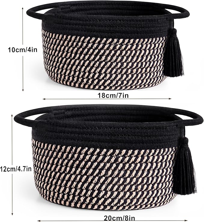 Small Woven Gift Basket Empty to Fill for Boys Man, Little Cotton Rope Bin for Desk, Bathroom, Shleves, Cute Decorative Plant Basket, 2 Pack, Pre-Shaped, With Gifts Bag & Ribbon, Black Brown
