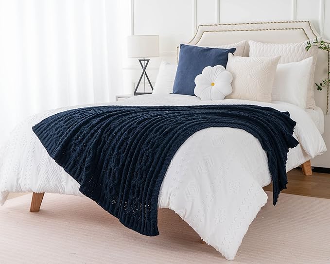 Battilo Navy BlueThrow Blanket for Couch, 51"x67", Chenille Knit Throw Blanket, Super Soft Warm Blanket, Decorative Christmas Textured Throw Blanket for Bed,Living Room