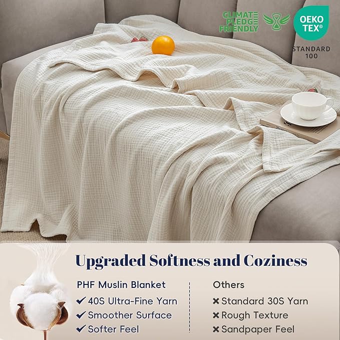 PHF 100% Cotton Muslin Throw Blanket 50" x 60", 4-Layer Lightweight and Breathable Blanket, Luxuriously Soft Gauze Throws for Couch Bed Sofa, Ideal Gift Choice, Oat Milk