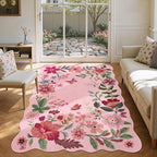 Lahome Floral Washable Rugs, 4X6 Pink Rugs for Bedroom Girls Ultra-Thin Soft Living Room Rug, Non-Slip Stain Resistant Boho Low-Pile Throw Carpet for ‎Nursery Office Flore (4x6ft, Pink)