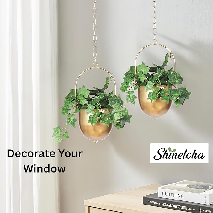 Shineloha 2 Pack Metal Hanging Planters for Indoor Outdoor, with 5.5 Pot, Gold Hanging Planters | Gold Plant Hanger, Brass Plant Hangers. NO Plant incld.