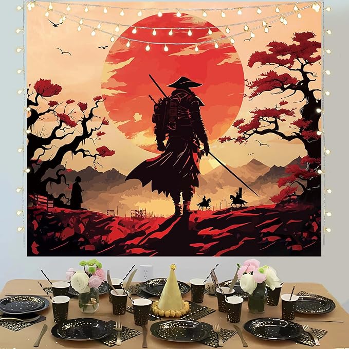 Atrippy Japanese Anime Samurai Tapestry, Cool Black Desert Red Sun Wall Hanging for Bedroom Aesthetic, Asian Japanese Sunset Wall Art Tapestries Poster Home Decor for Living Room Dorm 51x60 Inches