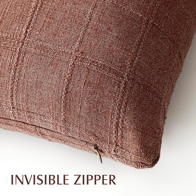 Foindtower Set of 2 Decorative Linen Check Throw Pillow Covers Neutral Farmhouse Vintage Cushion Covers Modern Boho Home Decor for Sofa Chair Couch Bedroom Living Room,26×26 Inch,Autumnal Red