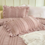 WONGS BEDDING Pink Comforter Set Queen,3 Pieces Ruffle Farmhouse Shabby Chic Boho Comforter for Queen Bed,Soft Seersucker Textured Bedding Set with 1 Ruffle Comforter,2 Tufted Pillowcases 90"×90"