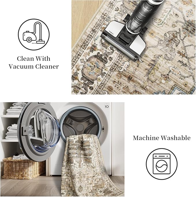 6x9 Rug, Stain Resistant Washable Area Rugs with Anti-Slip Backing, Vintage Large Bedroom, Living Room Rugs, Foldable Soft Rug (Beige/Brown, 6'x9')