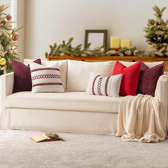 MIULEE Pack of 2 Christmas Pillow Covers 20x20 Inch Burgundy Red Farmhouse Decorative Throw Pillow Covers with Stitched Edge Soft Chenille Solid Dyed Couch Pillow Covers for Sofa Bed Living Room