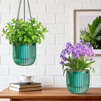 Halatool 2 Pack Hanging Planters Indoor Plant Pots, 6.5" & 8.3" Self Watering Hanging Basket Flower Pot, Translucent Plant Hanger with Drainage Holes for Garden Home Wall Decor (Peacock Green)