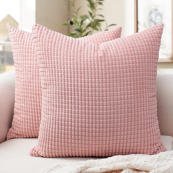 Softalker Throw Pillow Covers 20x20 Inch, Set of 2, Soft Corduroy Boho Stripe Decorative Pillow Cover, Couch Fluffy Pillow Cover for Farmhouse Home Decor Bed Living Room, Pink