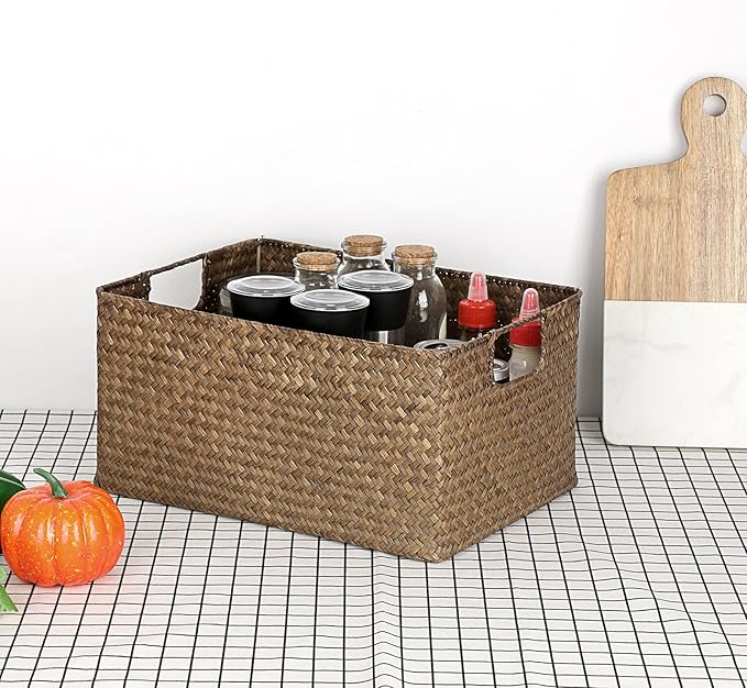 Hipiwe Seagrass Storage Baskets Bin for Shelf Organizing Rectangular Wicker Basket with Handle Handwoven Opened Baskets Bin Decorative Basket Box for Closet Bedroom Organizer