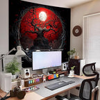 Atrippy Halloween Black Red Anime Tapestry, Gothic Dark Forest Moon Wall Hanging, Nature Skull Withered Tree Landscape Tapestries for Bedroom Living Room Men Dorm 60x 79 Inches