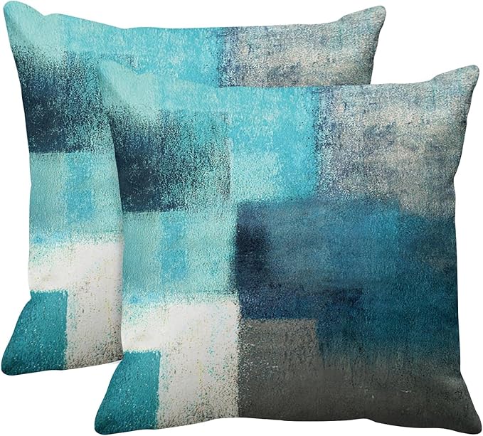 Emvency Set of 2 Turquoise White and Gray Throw Pillow Covers Modern Abstract Teal Painting Decorative Pillow Cases Home Decor Standard Square 26x26 Inches Pillowcases
