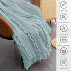 Ultra Soft Pre-Washed Warm Quilted Throw Blanket, Ruffle Fringed Blue Green Boho Decorative Throw, Stone Washed Chic Rustic Blanket for Sofa Couch Bed Chair, 50"x 60"