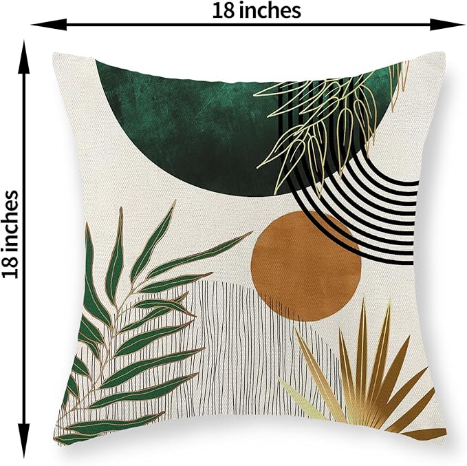 Boho Pillow Covers 18x18 Set of 2 Gold Green Throw Pillows Modern Mid Century Pillowcase Tropical Leaves Orange Sun Decorative Pillows Outdoor Decorations Bohemian Cushion Case for Sofa Home
