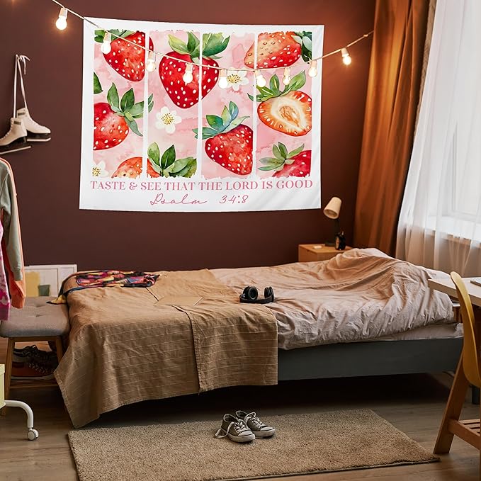 AQYIP Strawberry Christian Tapestry, Psalm 34:8 Bible Verse Tapestry Decorative, Pink Cute Floral Strawberry Religious Wall Tapestries Blanket Decor for Home Girls Room Dorm, 50x60 Inch