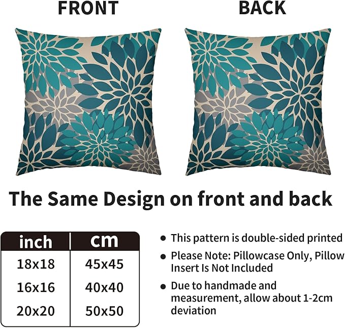 Teal Grey Gray Pillow Covers 18X18 Inch Set of 2, Spring Modern Geometry Dahlia Floral Print Decorative Throw Pillow Covers Outdoor Farmhouse Cushion Case for Couch Sofa Bed Decor