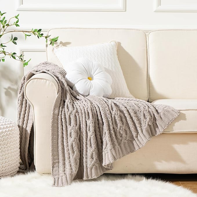 Battilo Light Grey Throw Blanket for Couch, Woven Chenille Knit Throw Blanket Versatile for Chair, 51 x 67 Inch Super Soft Warm Decorative Blanket for Bed, Sofa and Living Room