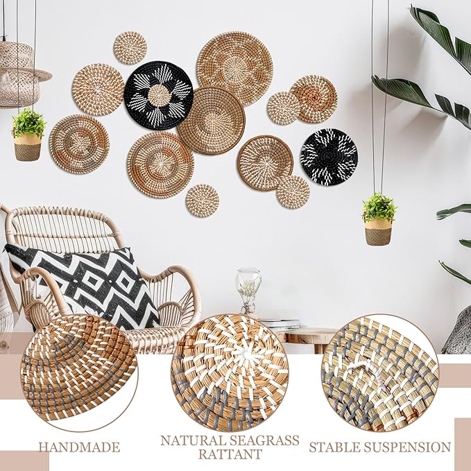 Xuhal 15 Pcs Boho Wall Basket Decor Handcrafted Seagrass Woven Wall Basket Rustic Round Woven Hanging Art for Home Farmhouse Kitchen Table Living Room (Dark Colors Style)
