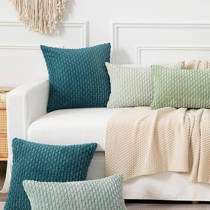 Kevin Textile 16x24 Inch Pillow Cover 1 Pack Boho Decorative Soft Striped Corduroy Lumbar Farmhouse Color Accent Rectangle Cushion Case for Living Room Couch Sofa Bed, Teal Blue