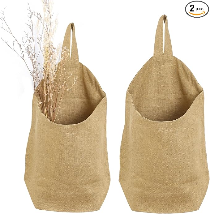 100% Linen Hanging Storage Bags Baskets 2 Pcs, Small Wall Storage Bag for Kitchen, Bedroom, RV Camper Organizer, Sewing Room, Nursery Storage, Kids Room, Dark Yellow