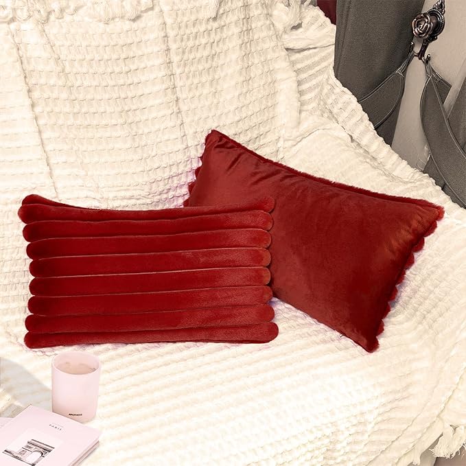 2 Pack 12x20 Pillow Cover Velvet Pillow Covers, Faux Fur Oblong Throw Pillow Covers for Living Room Decorations Throw Pillow Case, Throw Pillow Cover Cushion Cover for Sofa Bedroom Car, Burgundy Red