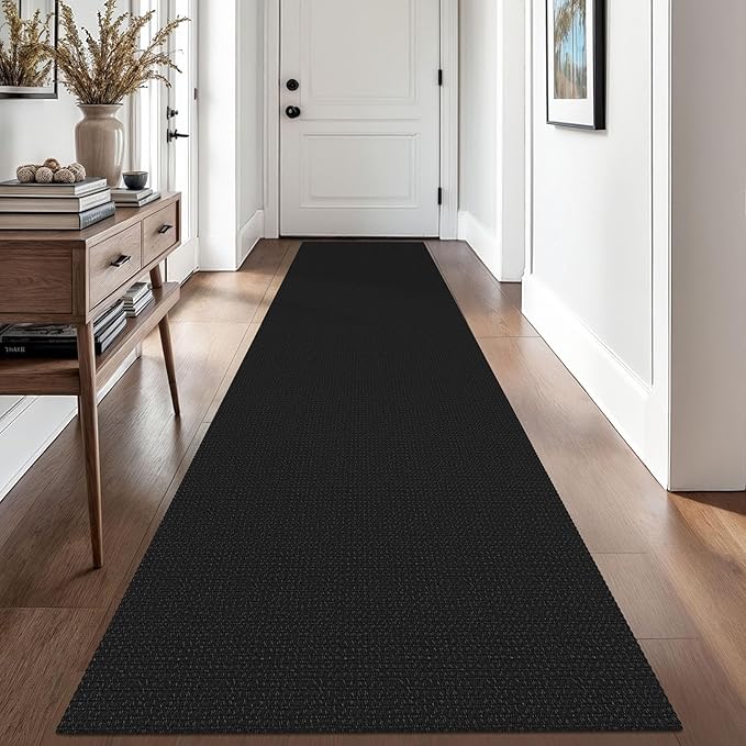 EARTHALL Woven Runner Rug 2.6x10 Ft Washable Runners for Hallways Long Non Slip Rubber Backed Kitchen Runner Braided Indoor Floor Carpet Runners for Entryway, Hallway, Kitchen, Black/Grey