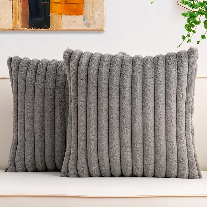 Pack of 2 Faux Fur Fall Throw Pillow Covers 22x22 Inch, Soft Plush Striped Neutral Couch Pillow Cover, with Velvet Back Modern Home Decor for Sofa Living Room Couch Bed Dark Grey