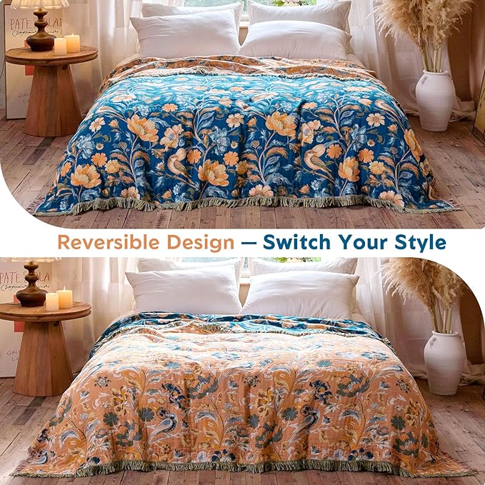 Boho Throw Blanket 50"x60" 100% Cotton Floral Couch Blanket with Flower Bird,ReversibleSoft Breathable Lightweight Spring Decorative Blankets with Fringe for Sofa Chair Bed Decor All Season