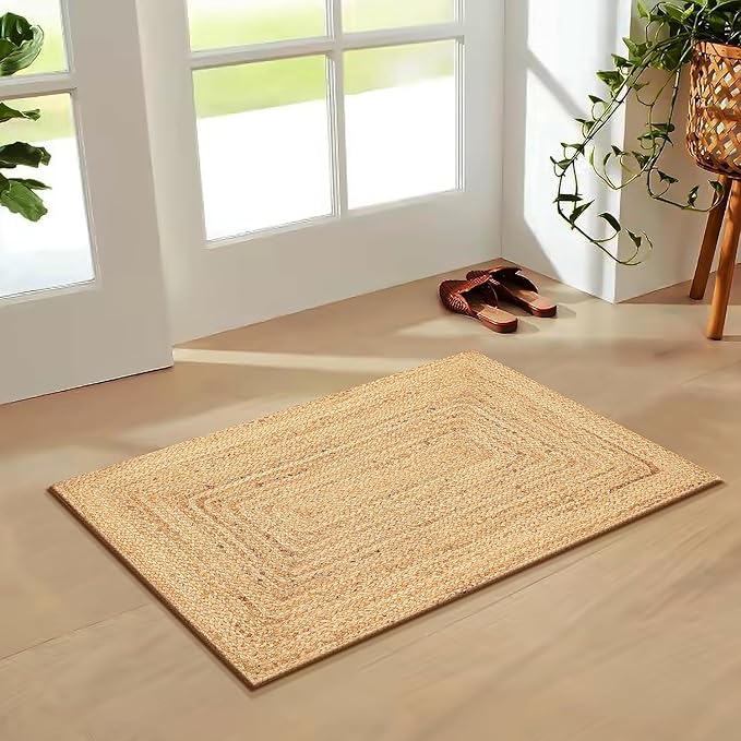Jute Rug 2'x3' Area Rug - Pack of 2, Hand Woven Jute Braided Boho Rug for Living Room Outdoor Bedroom Kitchen Entryway Farmhouse Hallway, Rustic Vintage Natural Reversible Floor Rugs: Natural Jute