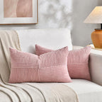 Fancy Homi 2 Packs Blush Pink Lumbar Decorative Throw Pillow Covers 16x28 Inch for Living Room Couch Bed, Rustic Farmhouse Boho Home Decor, Soft Striped Corduroy Rectangle Accent Cushion Case 40x70 cm