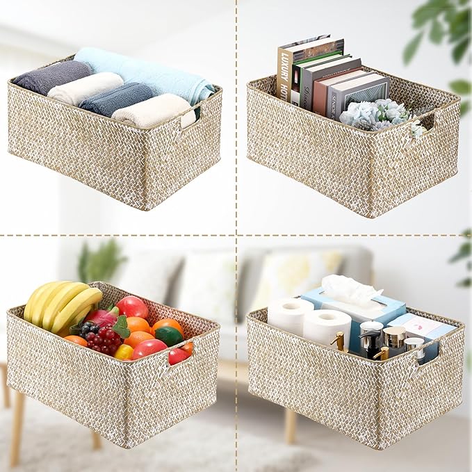 Hipiwe Seagrass Storage Basket Bin Rectangular Handwoven Wicker Storage Box with Handle Opened Baskets Box for Shelf Organizing Closet Bathroom, 15.7" L x 11.8" W x 7.5" H