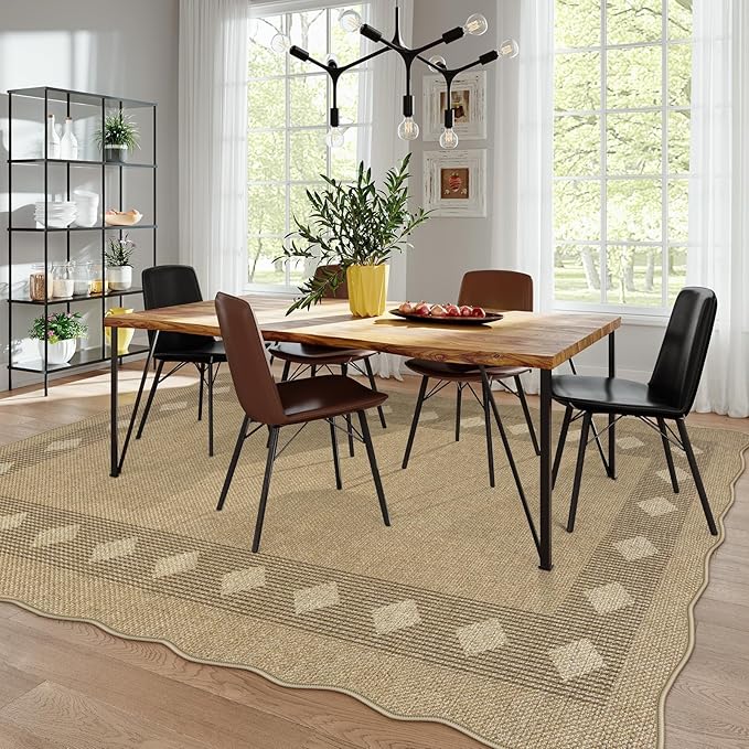 LIVEBOX Scalloped Easy Jute Diamond Outdoor Rug Living Room, Washable 8x10 Farmhouse Tan Rug for Bedroom, Geometric Checkered Indoor Outdoor Rugs Dining Room Mat Carpet Area Rug for Patio Home Office