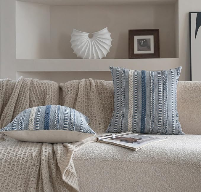 Boho Throw Pillow Covers 18x18 Inch Set of 2, Farmhouse Decorative Couch Pillow Cases, Blue Accent Pillows of Bed, Sofa Bedroom Living Room Home Decor Cushion Cover
