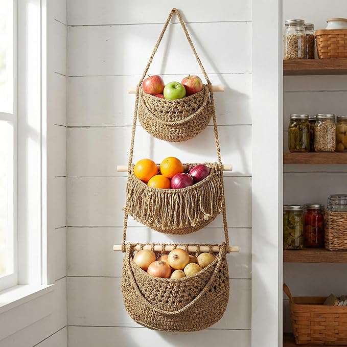 Cabilock 3 Tier Hanging Fruit Basket for Kitchen - Boho Macrame Woven Wall Storage for Onion and Potato, Space-Saving Cotton Rope Produce Organizer for Pantry & Bathroom