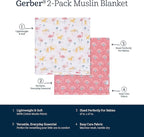 Gerber Baby Unisex 2-Pack Muslin Blanket, Animal Geo Girl, One Size