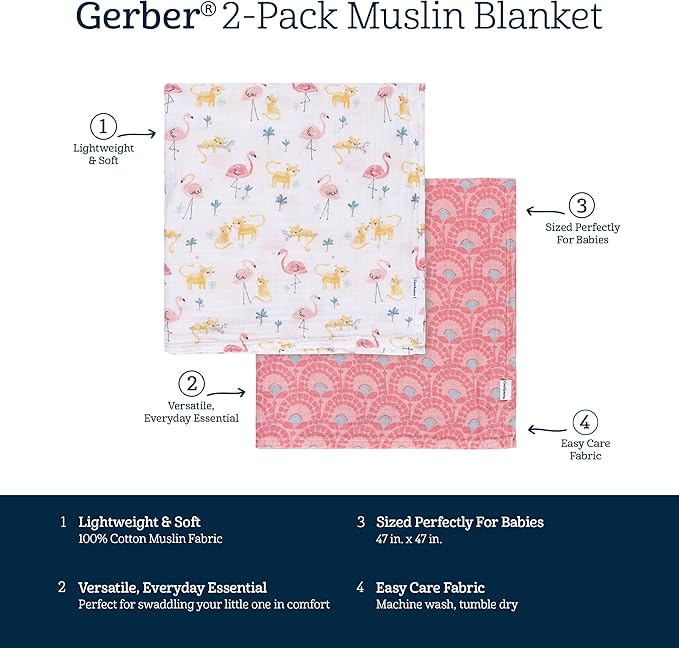 Gerber Baby Unisex 2-Pack Muslin Blanket, Animal Geo Girl, One Size