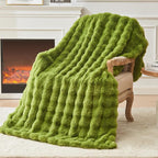 EMME Faux Fur Blanket Queen Size Dark Green - Big Bubble Rabbit Cozy Blanket for Couch, Thick Furry Plush Shaggy Blankets, 650GSM, 90x90 Inches