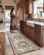 DEXI Kitchen Floor Mats Cushioned Anti Fatigue, 23x86 Long Rubber Standing Comfort Runner Rug, Waterproof Retro Floral Memory Foam Padded for Front Sink Laundry, Black/Brown