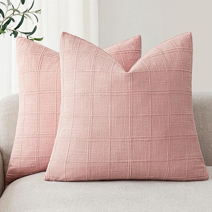 Foindtower Set of 2 Decorative Linen Check Throw Pillow Covers Neutral Farmhouse Vintage Cushion Covers Modern Boho Accent Home Decor for Sofa Chair Couch Bedroom Living Room,26×26 Inch,Light Pink