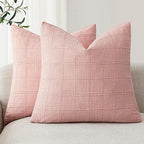 Foindtower Set of 2 Decorative Linen Check Throw Pillow Covers Neutral Farmhouse Vintage Cushion Covers Modern Boho Accent Home Decor for Sofa Chair Couch Bedroom Living Room,22×22 Inch,Light Pink
