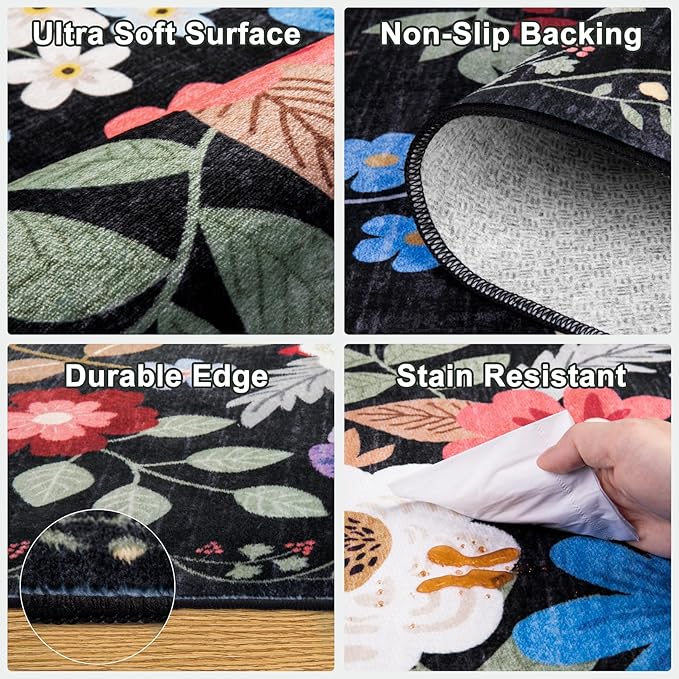 Round Area Rug for Living Room: 6 ft Floral Washable Circle Rug Soft Boho Non-Slip Carpet Indoor Stain Resistant Low Pile Small Circular Rug for Bedroom Entryway Kitchen Nursery Home Office Black