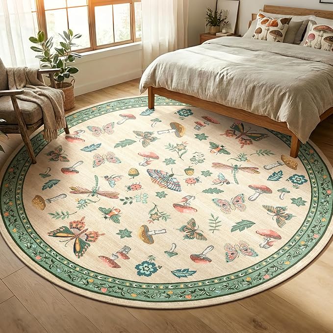 Mushroom Insect 7ft Round Rug Washable Non-Slip Soft Ultra-Thin Large Boho Circle Carpet for Entryway Kitchen Bedroom Nursery Dining Room Khaki Green