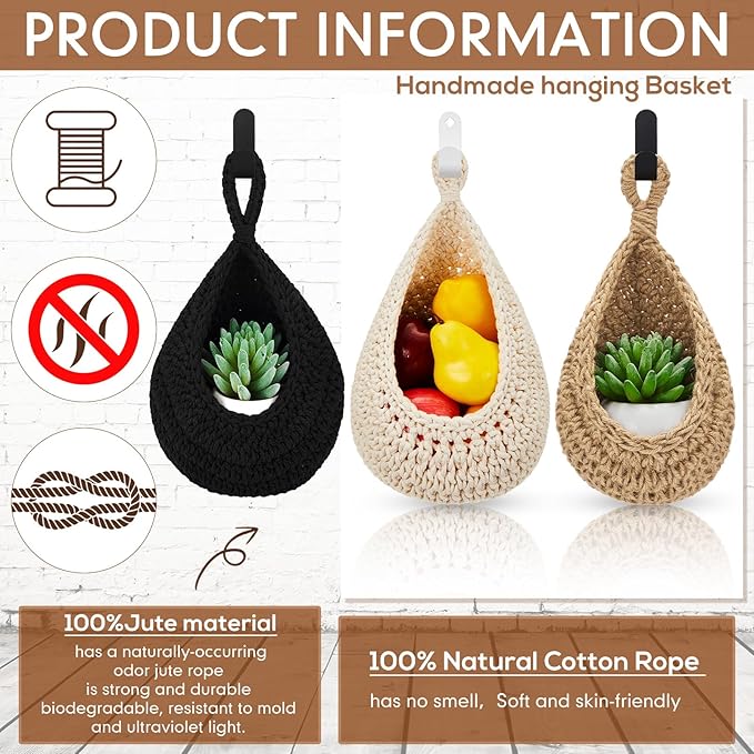 Honeydak Boho Decor Hanging Wall Baskets for Kitchen 3 Pack Teardrop Baskets with Hooks Storage Fruit Onion Vegetable Potato for Home 3 Sizes(Black,Teardrop,Cotton Rope)