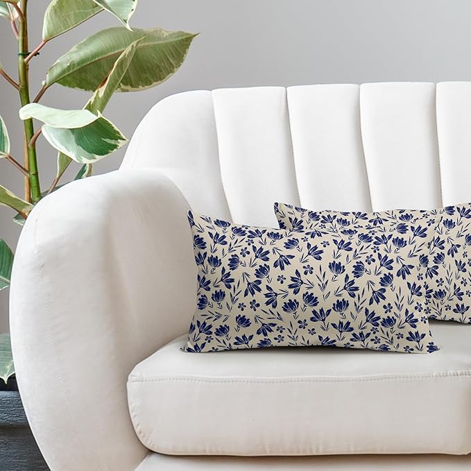Navy Blue Floral Pillow Covers 12x20 Set of 2 Vintage Rustic Old Style Cute Small Flower Blue Cream Print Decorative Outdoor Pillowcases Farmhouse Throw Cushion Case Decor for Couch Sofa Bed