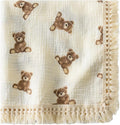Little Jump Cotton Muslin Swaddle Blankets with Tassel, Boho Bohimia Muslin Baby Blanket Neutral with Fringe, Vintage Teddy Bear Nursery Decor Muslin Throw Blanket 47" x40" (Teddy Bears)