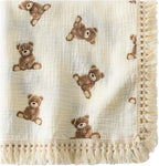 Little Jump Cotton Muslin Swaddle Blankets with Tassel, Boho Bohimia Muslin Baby Blanket Neutral with Fringe, Vintage Teddy Bear Nursery Decor Muslin Throw Blanket 47" x40" (Teddy Bears)