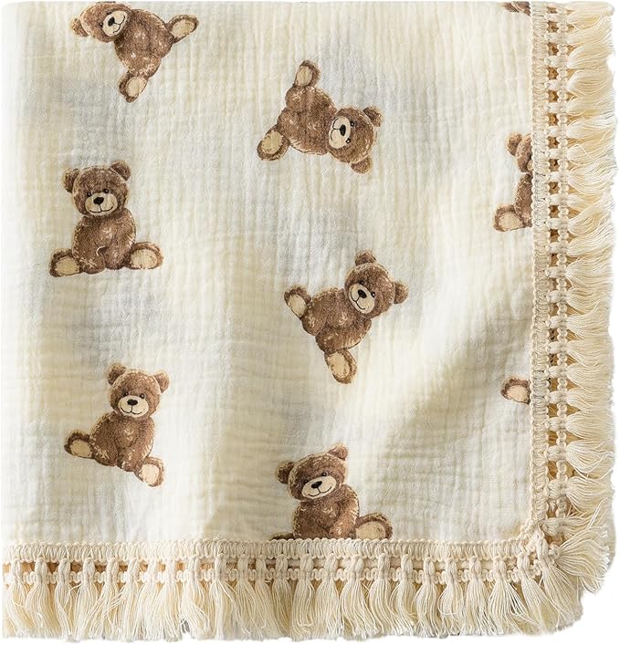 Little Jump Cotton Muslin Swaddle Blankets with Tassel, Boho Bohimia Muslin Baby Blanket Neutral with Fringe, Vintage Teddy Bear Nursery Decor Muslin Throw Blanket 47" x40" (Teddy Bears)