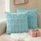 AVOIN colorlife Blue Spring Bow Throw Pillow Covers Set of 2, 20 x 20 Inch Coquette Aesthetic Room Decor Soft Plush Faux Fur Cushion Case for Girls Room