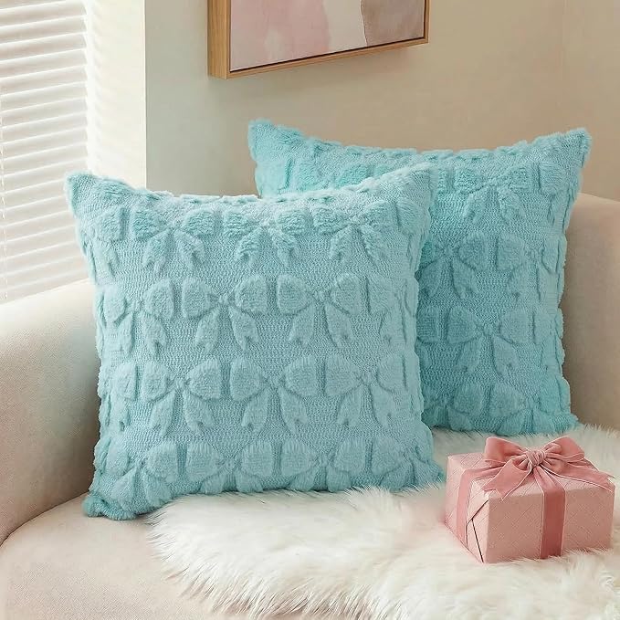 AVOIN colorlife Blue Spring Bow Throw Pillow Covers Set of 2, 18 x 18 Inch Coquette Aesthetic Room Decor Soft Plush Faux Fur Cushion Case for Girls Room